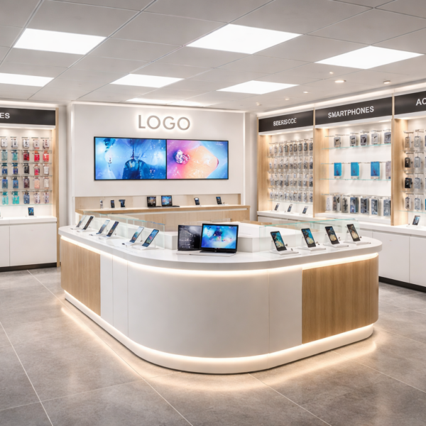 Handy Ladenbau Einrichtung nach Maß – EDGE LINE Mobile Store Design mit Seitentheke