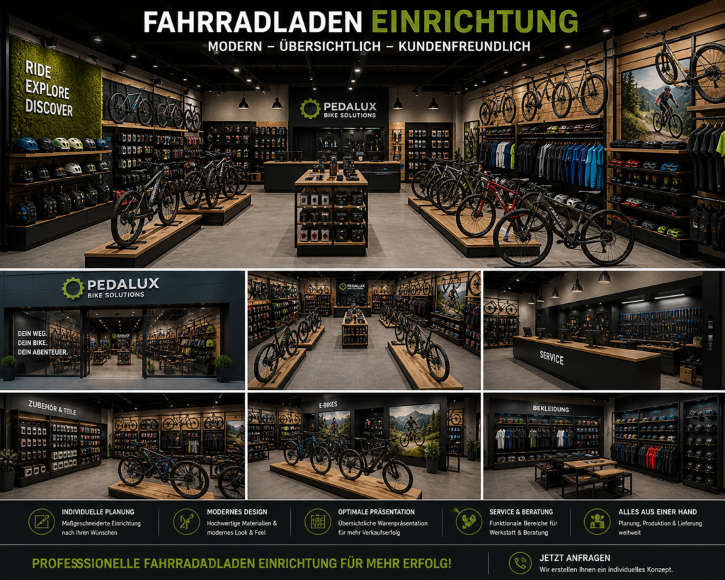 Moderne Fahrradladen Einrichtung mit Verkaufstheke und Zubehörregalen