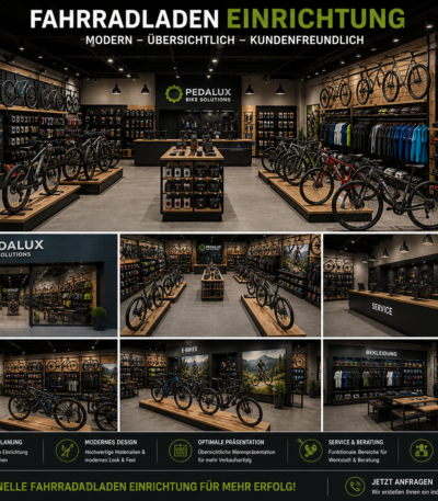 Moderne Fahrradladen Einrichtung mit Verkaufstheke und Zubehörregalen