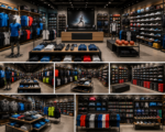 Exklusiver Sportgeschäft Ladenbau mit moderner Sportshop Einrichtung, Verkaufstheke, Wandregalen und Schaufenster. Ideal für Sportbekleidung, Schuhe und Zubehör.