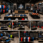 Exklusiver Sportgeschäft Ladenbau mit moderner Sportshop Einrichtung, Verkaufstheke, Wandregalen und Schaufenster. Ideal für Sportbekleidung, Schuhe und Zubehör.