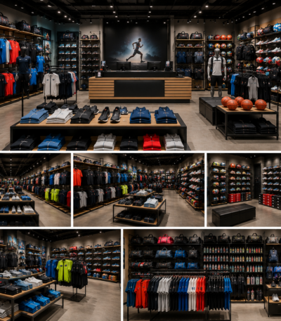 Exklusiver Sportgeschäft Ladenbau mit moderner Sportshop Einrichtung, Verkaufstheke, Wandregalen und Schaufenster. Ideal für Sportbekleidung, Schuhe und Zubehör.